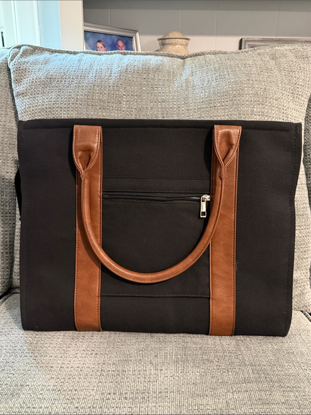 NWOT Classic Black Canvas Tote/Laptop bag with Brown Trim - Men or Women’s